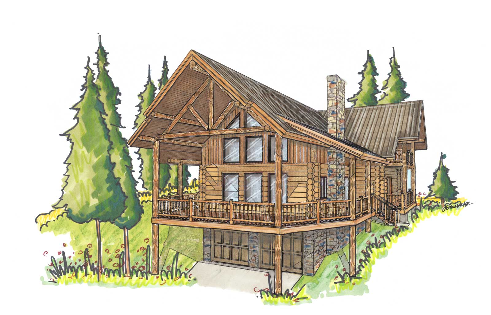 custom designed luxury log home bohannon front right view