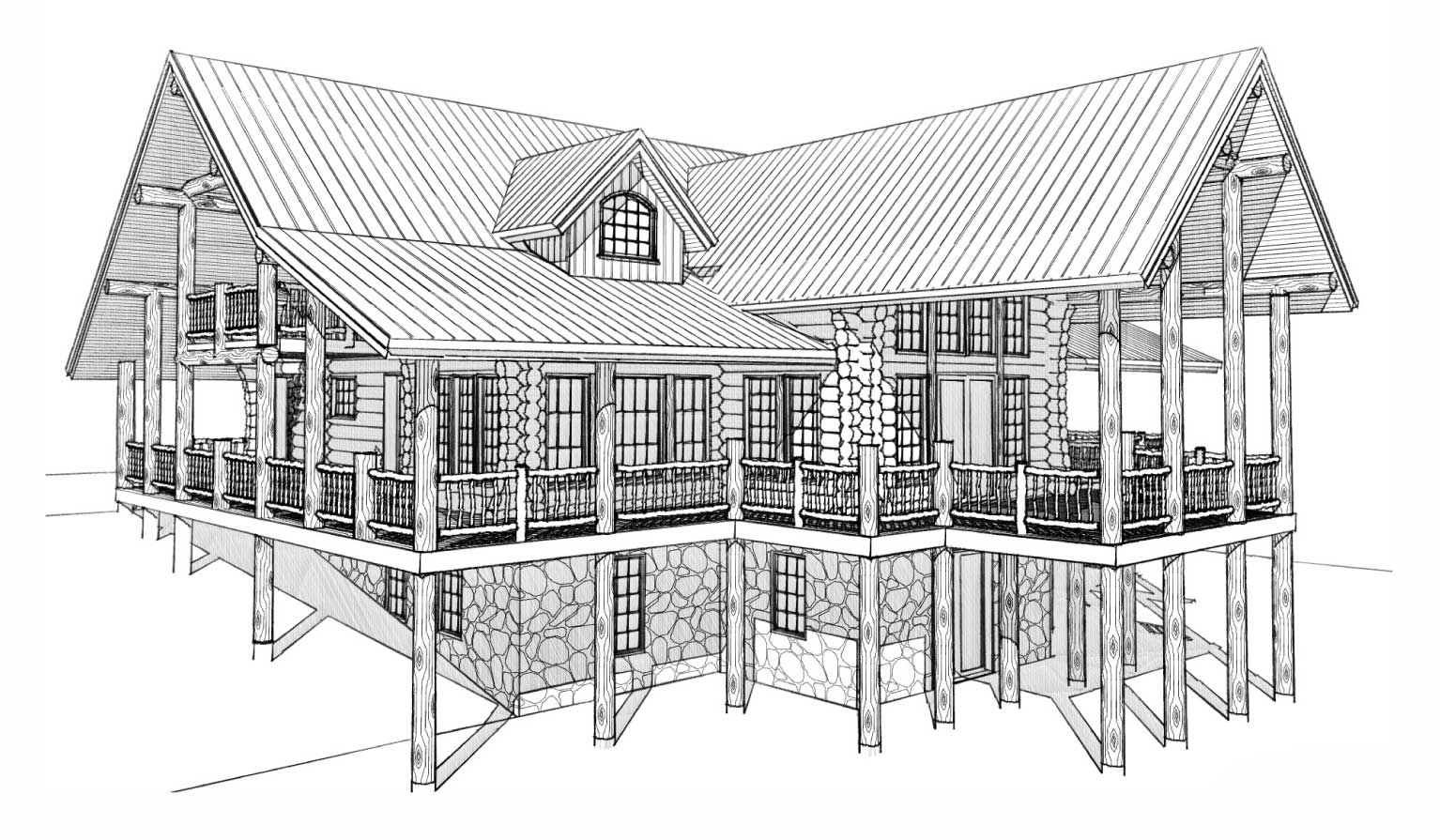 custom designed log home grand hacienda back left view